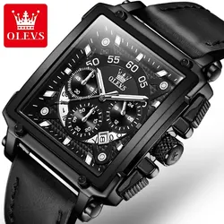 OLEVS Men's Luxury Square Dial Chronograph Watch - Leather Strap, Waterproof, Fashion Sports Design (Black)