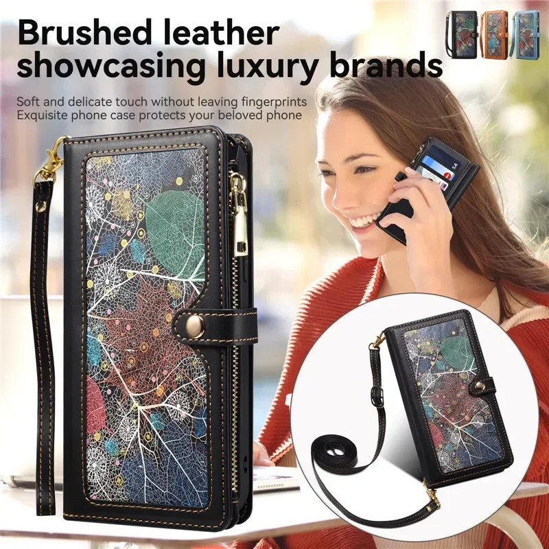 Stylish Crossbody Leather Wallet with Card Holder and Phone Case – Zippered Lanyard Flip Stand Cover