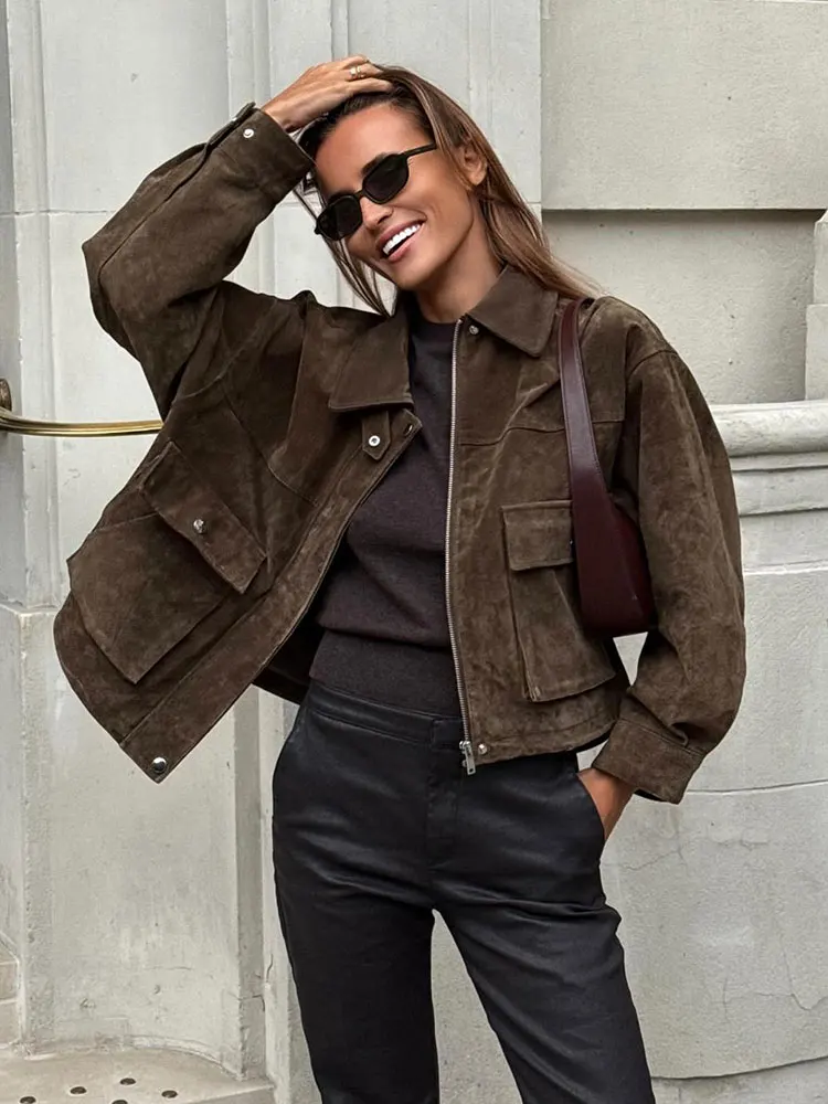 HH Women Vintage Solid Lapel Coats Long Sleeve Zipper Jacket With Pockets 2025 Autumn Fashion Lady High Street Lady Outwear