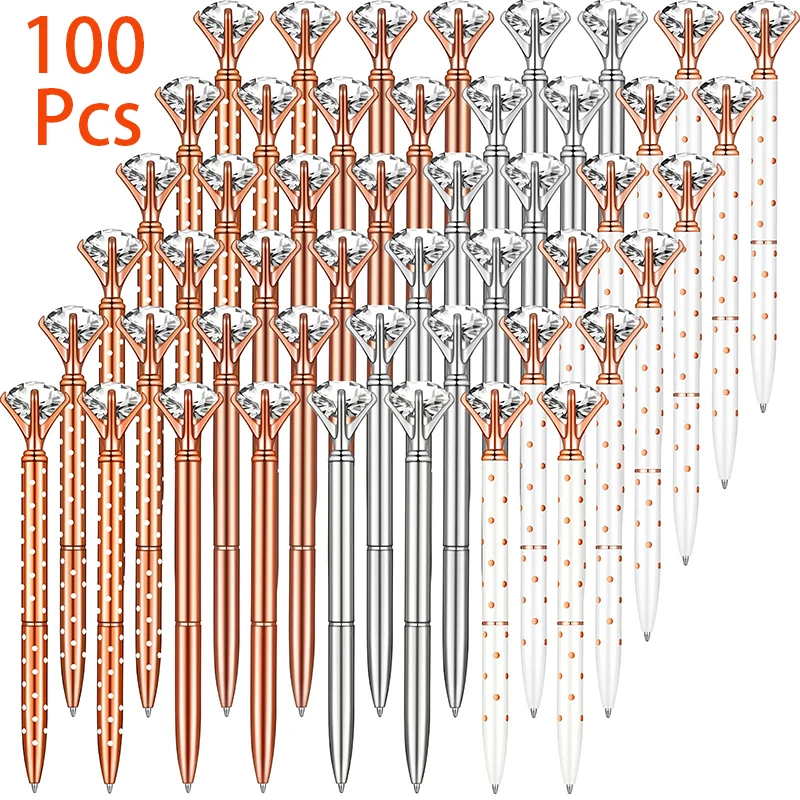 

100Pcs Big Diamond Pens-Bling Wedding Crystal Metal Ballpoint Pens with Black Ink