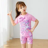 2024 Summer Children Beach Suits T-shirts+Shorts Unisex Boys Girls Two Pieces Swimwear Kids Cute Surfsuit Cartoon Print Swimsuit 4
