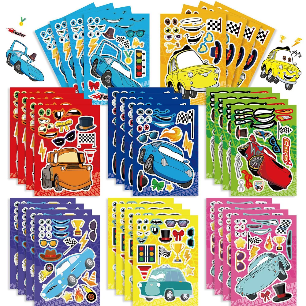 8/16Sheets Disney Cars Puzzle Stickers Game Make a Face Children Assemble Jigsaw DIY Decoration Kid Educational Toys Party Favor wedding party crown flower headband led light wreath garland decoration women girl birthday favor luminous hair garland hairband