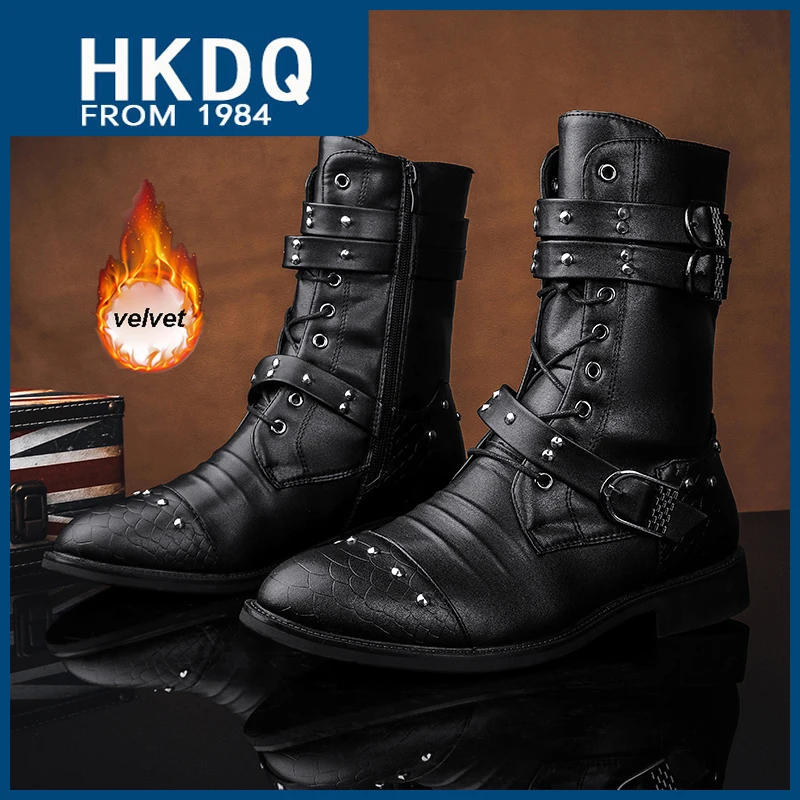 HKDQ Winter Plus Velvet Motorcycle Boots Man Classic Black High Boots For Men Leather Rivet Punk Men's Biker Boot Warm Fur
