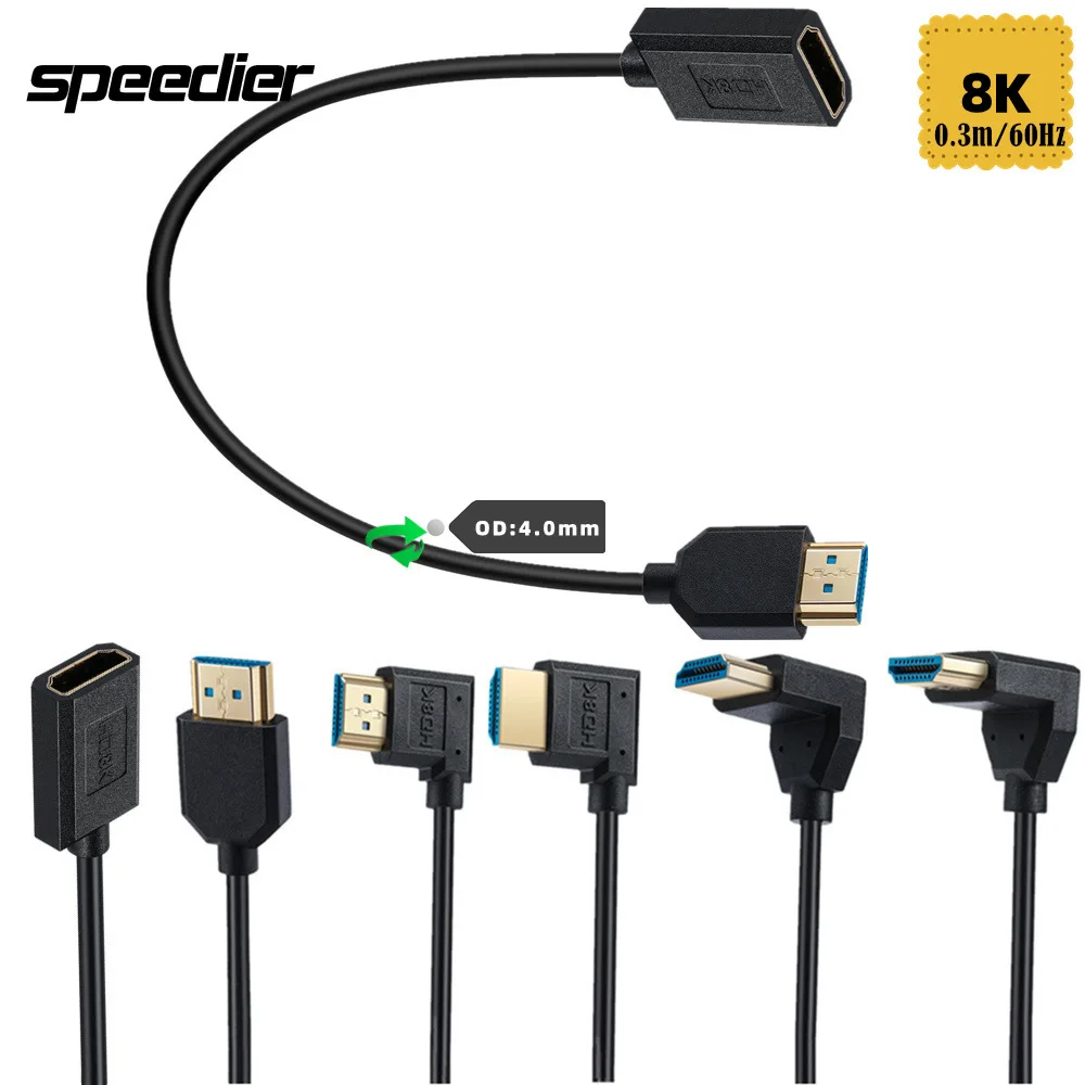 Od4.0Mm Up Down Right Left Angle Hd 2.1 Type A Male To Female 8K @60Hz Super Extreme Slim Thin Cable 30Cm 48Gbps Gold Plated