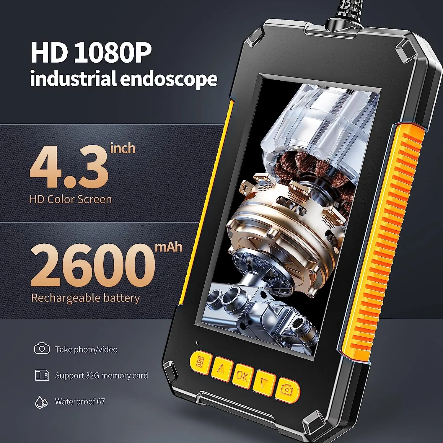 Inspection Camera Industrial Endoscope 1080P HD Borescope Inspection Snake Camera IP67 Waterproof 8 LED Lights 4.3 Inch LCD Screen 2600mAh Battery