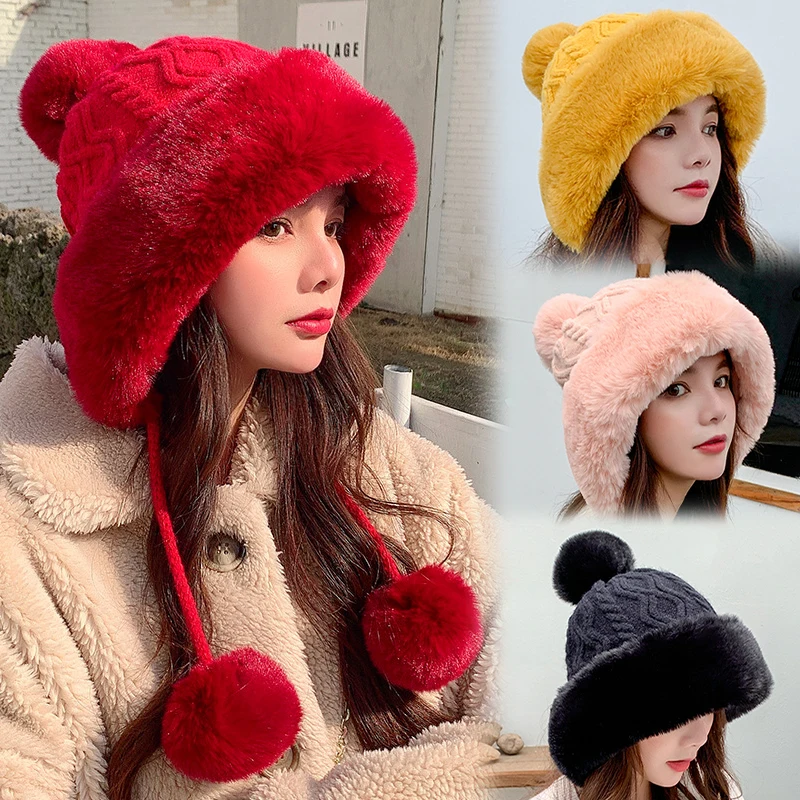 

1PC Faux Fur Knitted Bobble Beanie Hat Plush Ball Skiing Furry Cap Winter Thicken Warm Plush Fluffy Knitted Caps Ear Protection