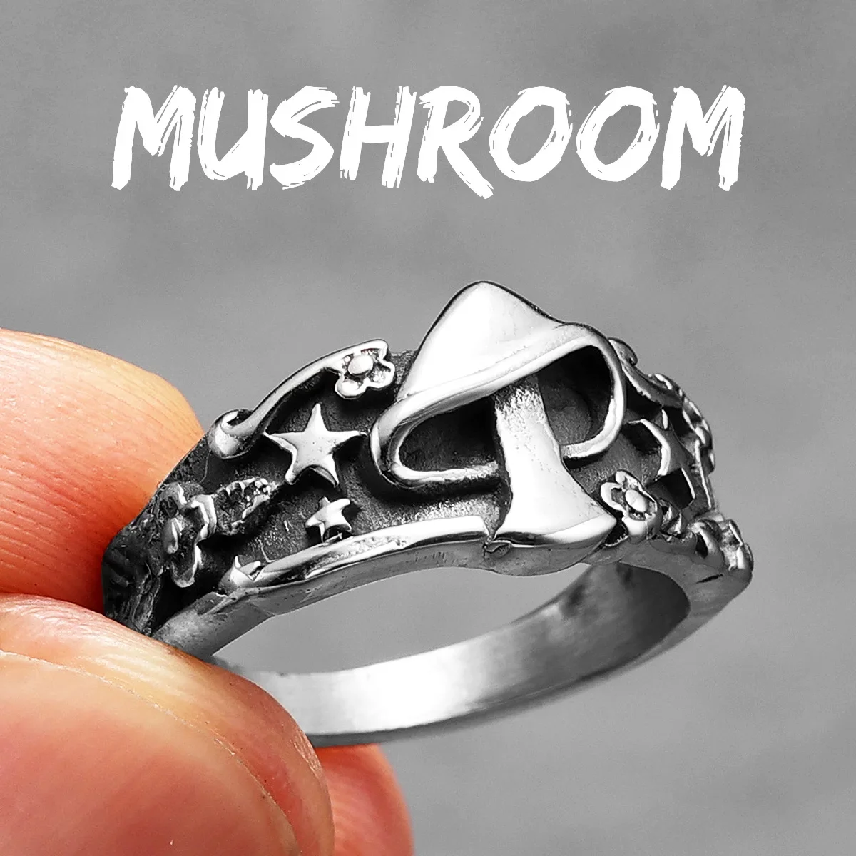 thumbnail image 1 of Anillos de acero inoxidable con forma de estrella de hongo para hombre y mujer, joyería retro punk, accesorios de moda, regalo de Stranger Things, venta al por mayor, 1 of 5