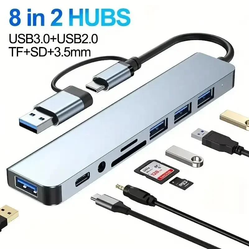 Hub 8 in 2 con splitter, lettore USB, porta C 3.0, 2.0, docking station per schede SD e TF._voghion.com