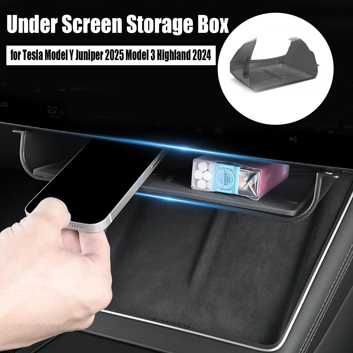 Under Screen Storage Box for Tesla Model Y Juniper 2025 Model 3 Highland 2024 Center Control Tissue Organizer Tray Accessories
