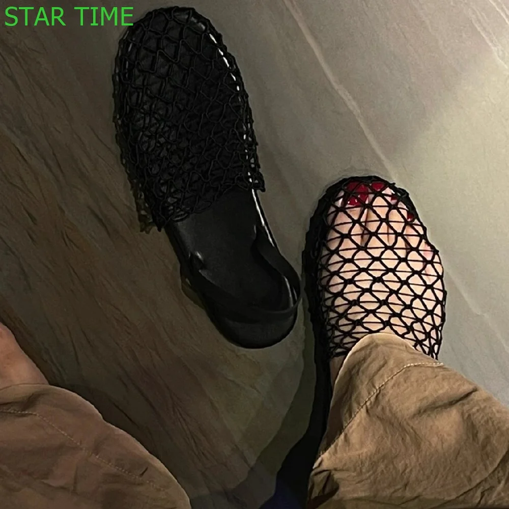 Closed Toe Mesh Roman Flat Sandals Hollow Back Strap Outdoor Beach Slides 2024 Summer New Black Casual Women Slippers