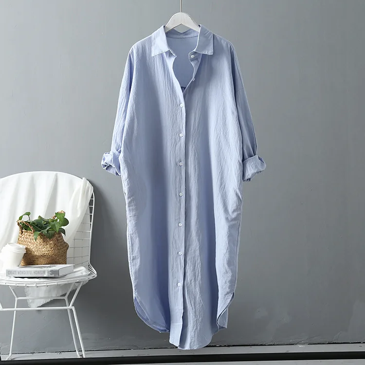 TRAF 2023 Spring Women's Blouses Korean Clothing Summer Vintage Linen Cotton Mid-length White Shirt Dress For Women Chic Tops