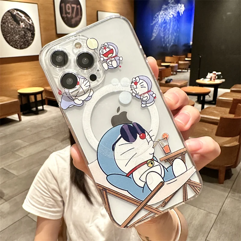 Doraemon Clear Case for iPhone 15 11 12 13 14 Pro Max Mini XS XR 8 7 Plus SE 2020 Magsafe Magnetic Wireless Charger Cover