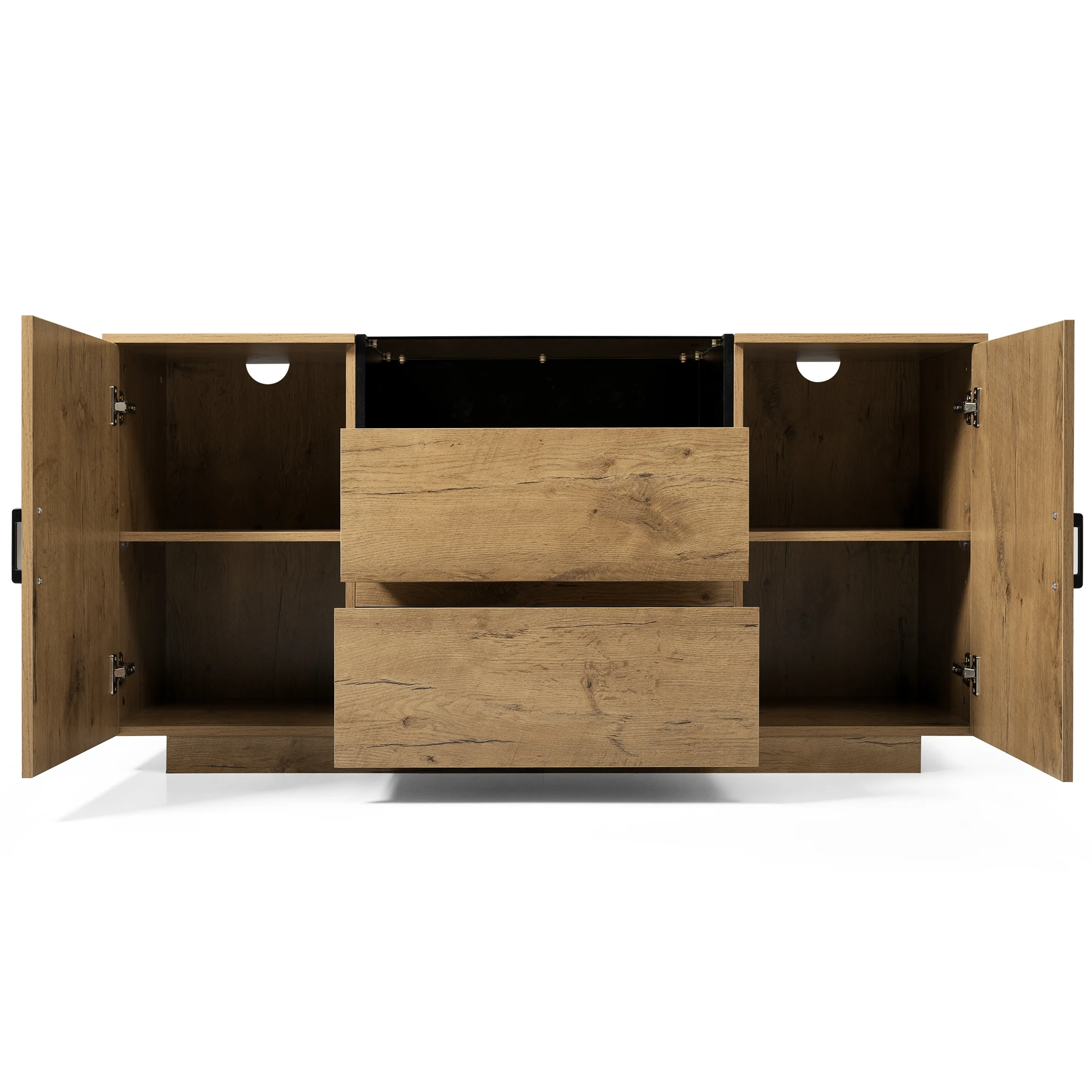 Eichen-Sideboard mit 2 Schubladen, 2 verstellbaren Schränken und offenem Fach – ESG-Glas & schwarze Griffe, H70/B140/T40 cm. – Detail 21