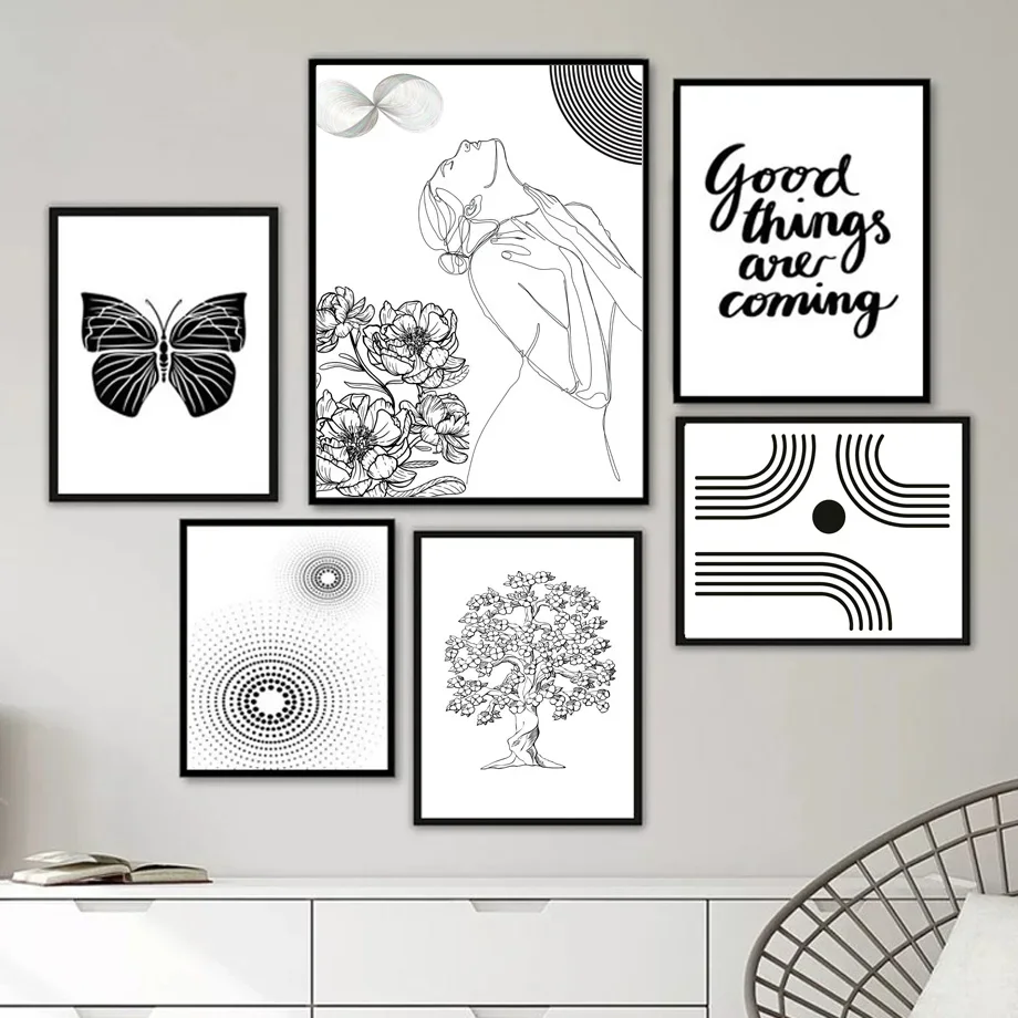 

Sun Moon Tree Butterfly Halo Arched Abstract Line Girl Body Art Canvas Painting Posters Prints Wall Pictures Living Room Decor