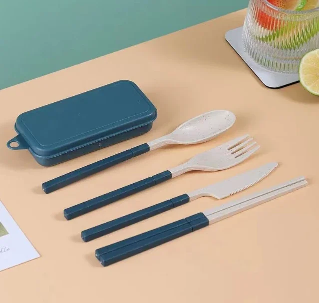 Wheat Straw Dinnerware Set Portable Tableware Knife Fork Spoon Chopsticks Set Travel Cutlery Eco-Friendly Utensil Box 4Pcs cutlery set,western style cutlery set,picnic cutlery set,picnic tableware,camping cutlery set