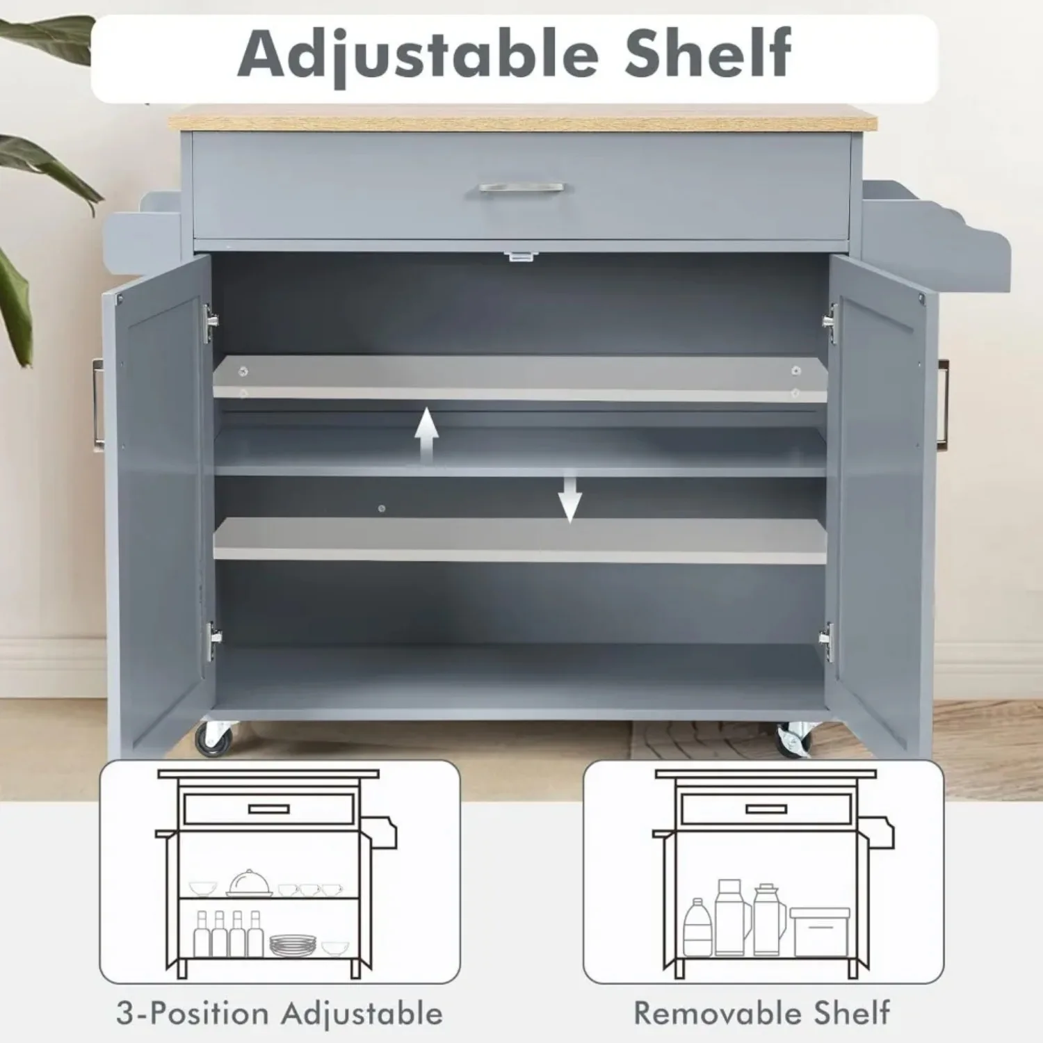 Kitchen Island Cart, Rolling Storage Trolley Cart with Lockable Rubber Wheels, Large Cabinet, Drawer, Spice Rack and Towel Rack