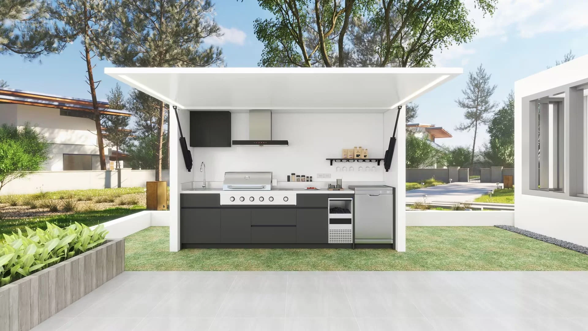 Cuisine extérieure moderne avec gril à gaz, pergola et hangar 6