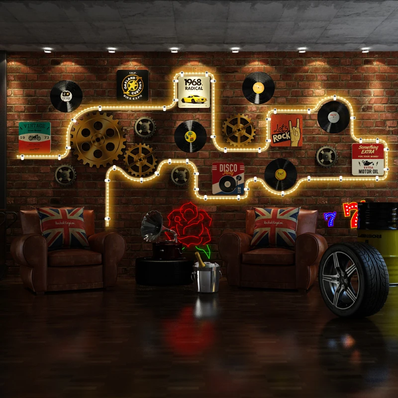 Retro Industrial Lighted Wall Art, Creative Gear & Record Combination, Bar or Pub Wall Decor, Unique Decoration for Lounge