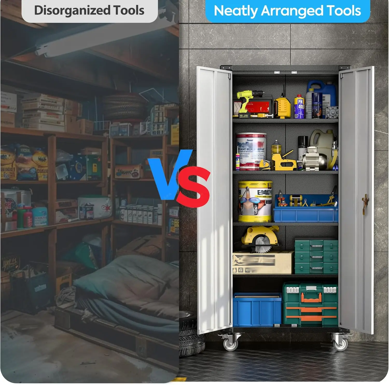 Garage Storage Cabinet with Wheels,72" Metal Storage Cabinet with 2 Doors and 4 Adjustable Shelves, Lockable Rolling Cabinet 5
