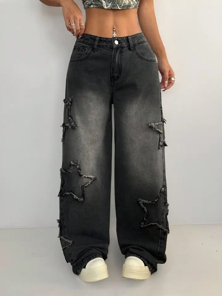 Womens Black Wide Leg Star Ripped Jeans
