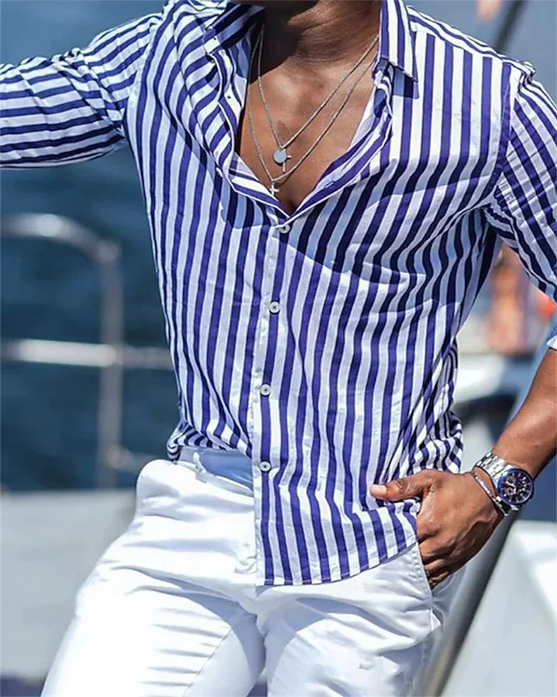 Men's Long Sleeve Striped Color Block Print Classic Design Button Down Shirt Everyday Casual Shirt Men's Lapel Cardigan Shirt