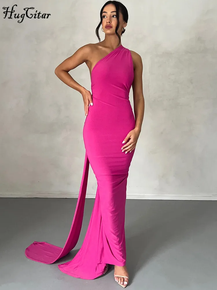 Hugcitar One Shoulder Backless Adjustable Scarf Loop Ruched Sexy Maxi Dress 2024 Women Elegant Y2K Streetwear Festival Outfit 2