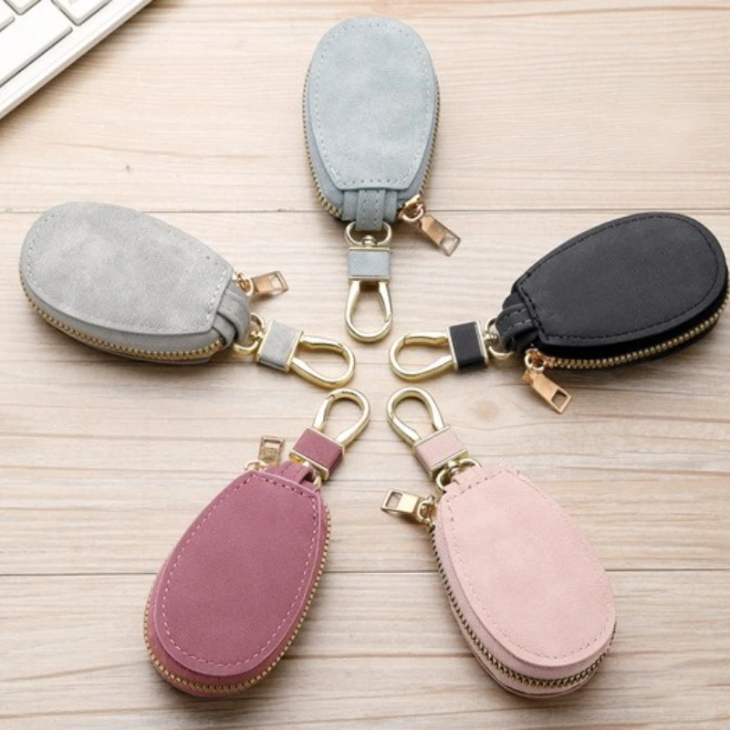 Leather Keychain Mini Coin Purse with Dual Keyrings and Zipper Closure