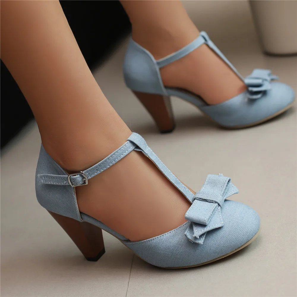 2024 Spring Summer Girls High Heel Shoes Denim Women's Pumps T-Buckle Fashion Spike Heels High Heels for Office Party Banquet