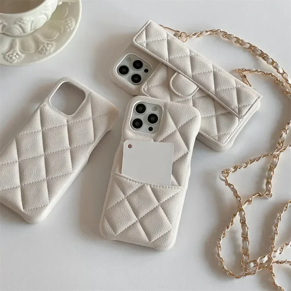 Luxury Geometric Leather Crossbody Phone Case with Necklace Chain and Card Holder