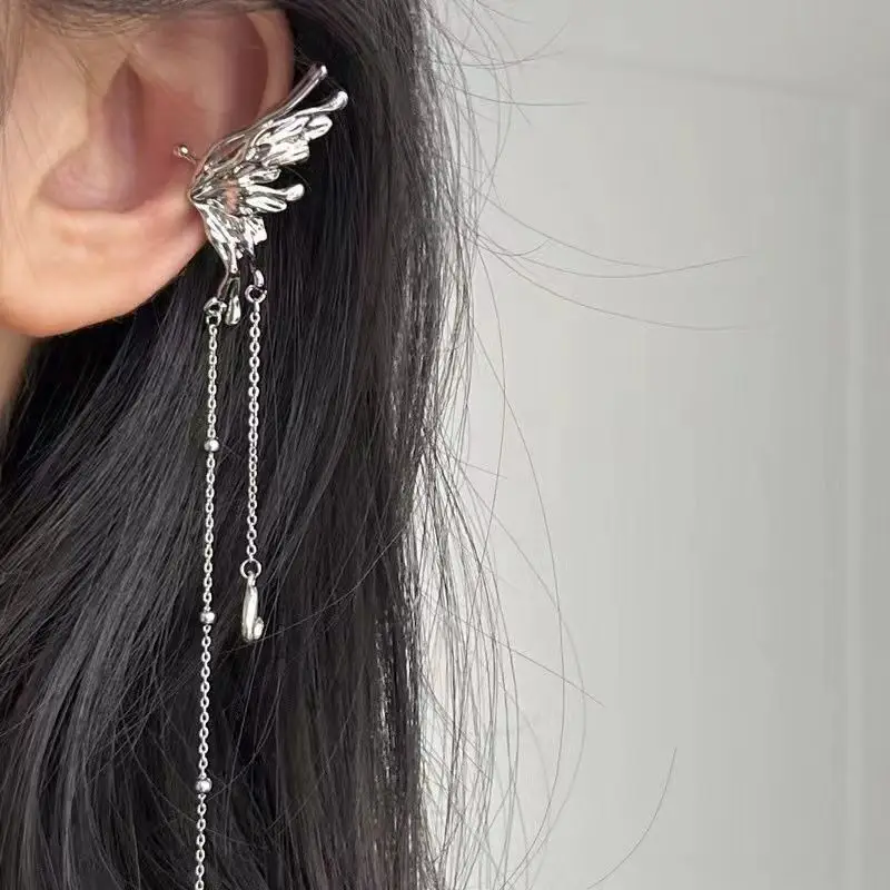 ear clip earrings Y2K Fairy Butterfly Tassel Angel Ear Bone Clip Elf Female Hole Cuff Hanging Fashion Jewelry
