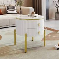 Table d'appoint avec tiroirs, surface à texture marbre, pieds et poignées en métal doré, design réglable, table d'appoint multifonctionnelle, mobilier moderne pour salon, chambre, bureau, appartement, décoration intérieure, 55 x 55 x 62 cm 3
