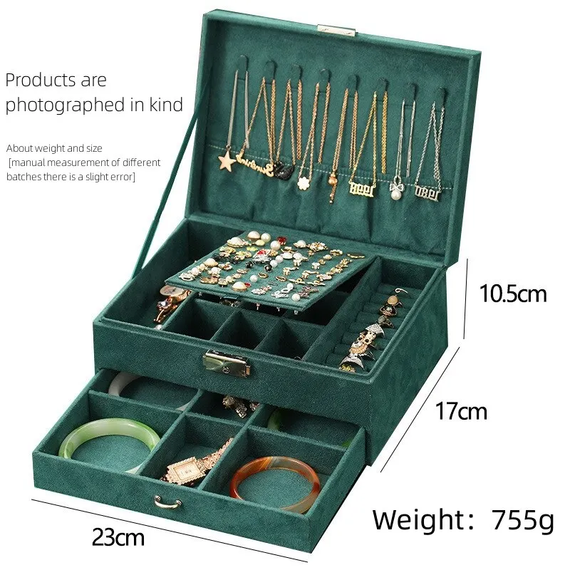 1pcs Double Storage Box For Men And Women Luxury Vintage Style Jewelry Space Large Capacity Fine Soft Dark Green Velvet Quality - Image 6