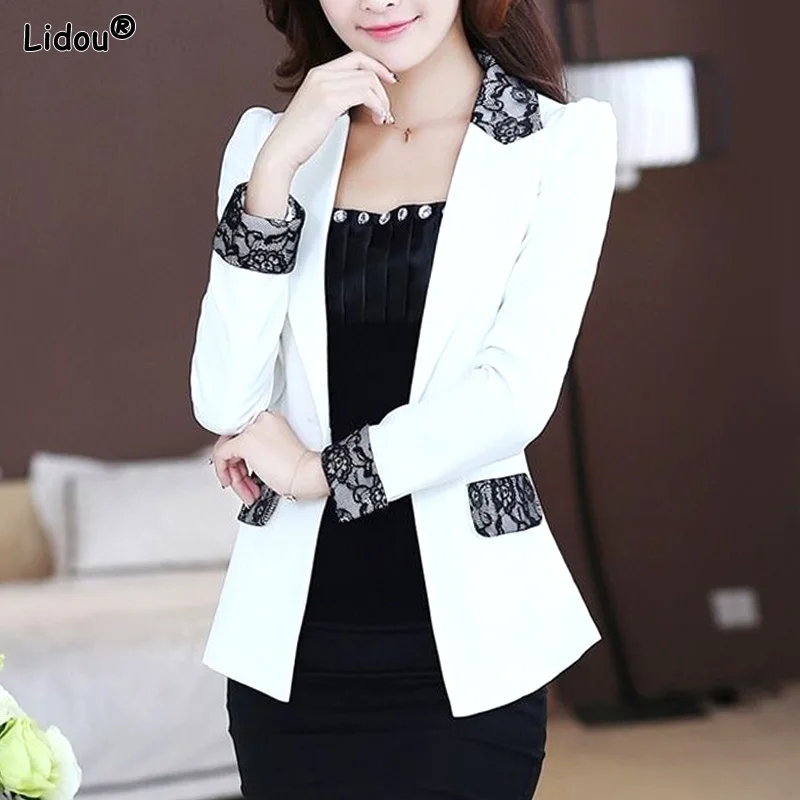 Skinny Solid Color Button Pockets Patchwork Lace Office Lady Blazers Thin Notched Temperament Spring Autumn Women's Clothing