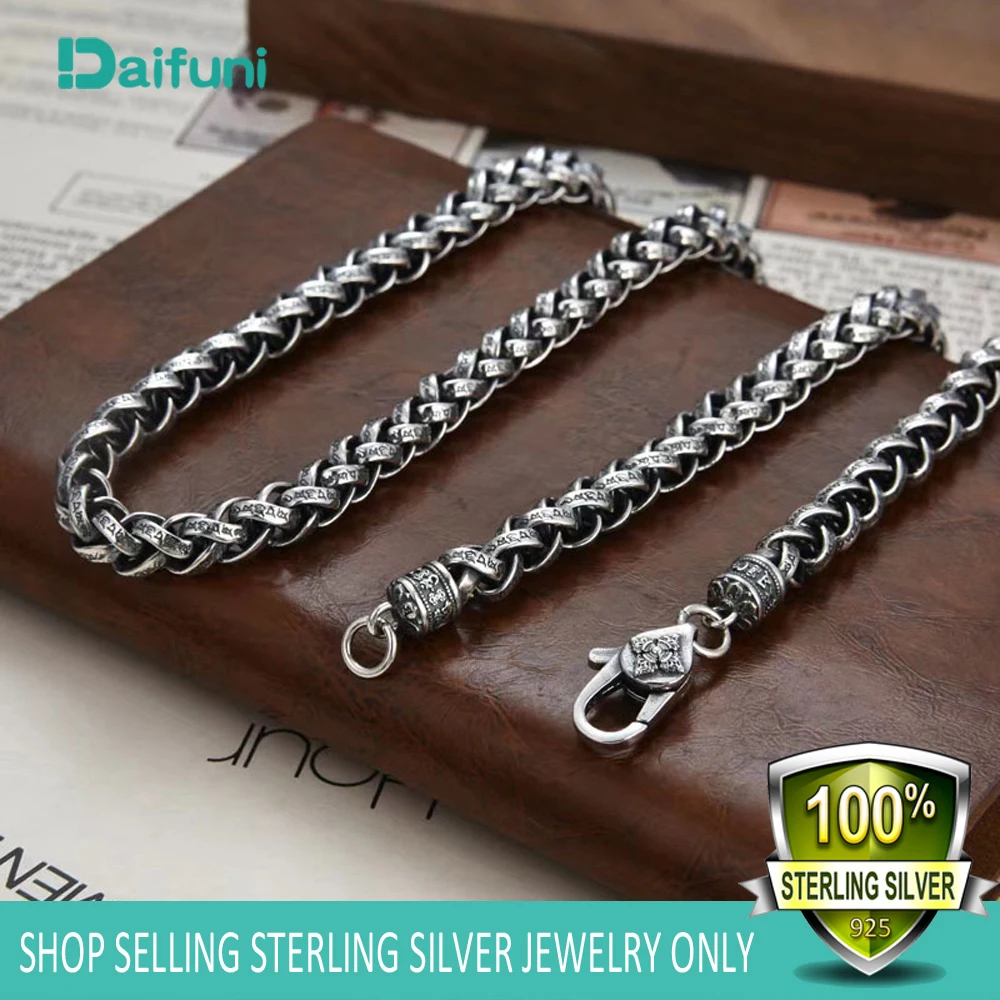 Daifuni Hot Real 925 Sterling Silver 7MM Retro Totem Link Necklace For Men Ethnic Style Fashion Chain Rock Fine Jewelry Original