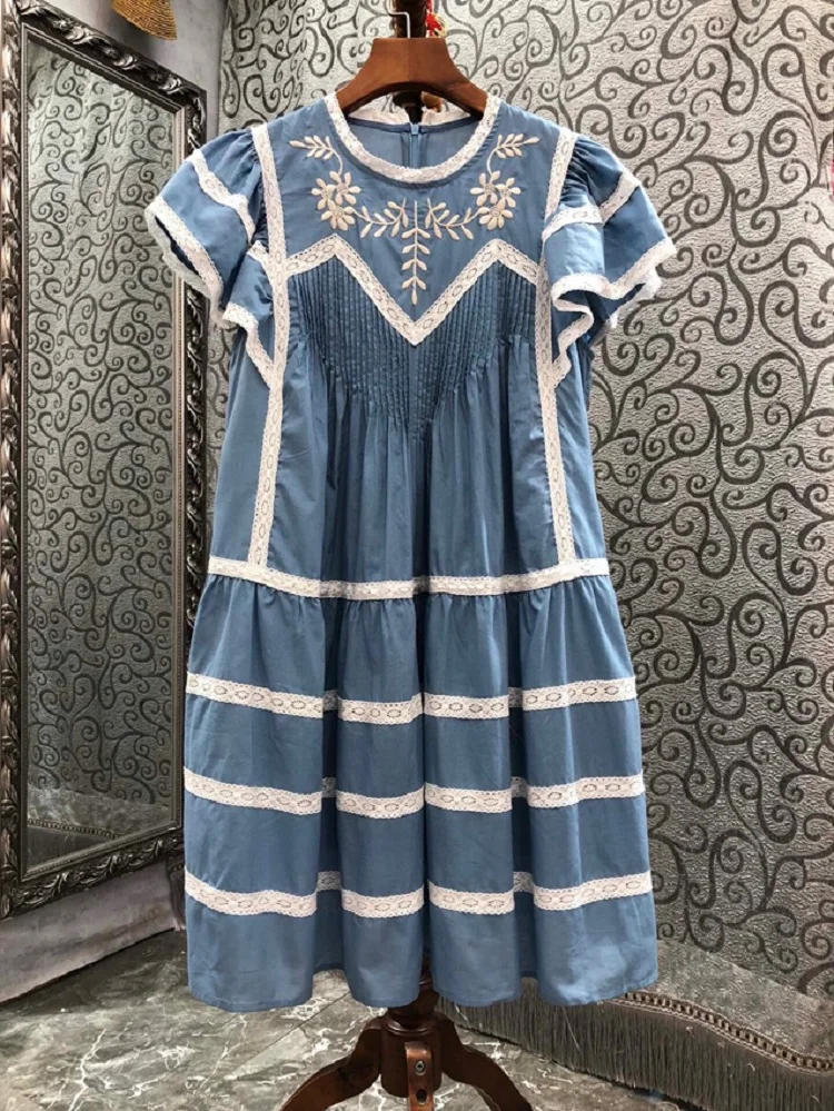 

100%Cotton Dress 2023 Summer Style Women White Lace Embroidery Patchwork Short Sleeve A-Line Casual Blue Elegant Dress Vestidos