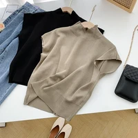 Mode col montant mince femmes tricoté gilet ample solide élégant hauts droits à manches courtes bureau dame t-shirt chemise ample 6