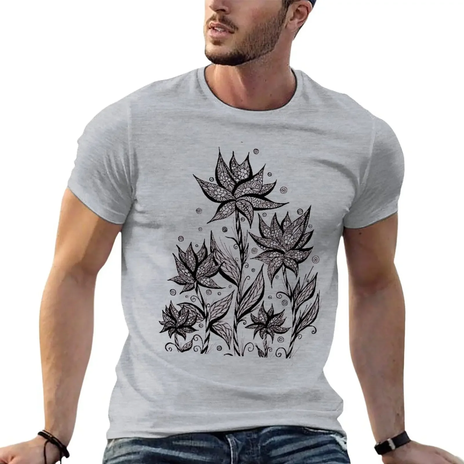

Abstract Flower Lineart T-Shirt customs vintage clothes mens cotton t shirts