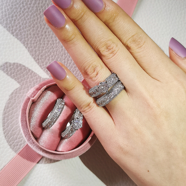 New silver color bride Luxury Bold Big Wedding Rings Set For Bridal Women Engagement Finger Bold Party Gift Jewelry R4428X