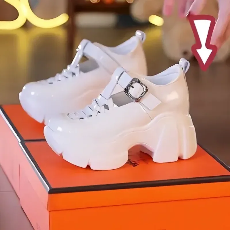 Fashion Retro 8CM Genuine Leather Wedge Pumps High Brand Hollow