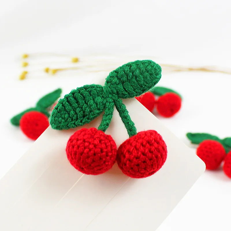 Craft Supplies 5Pcs Weave Knitted Wool Green Leaf Red Cherry DIY Girl Earrings Pendant Hair Hat Bag Key Ring Clothing Accessories