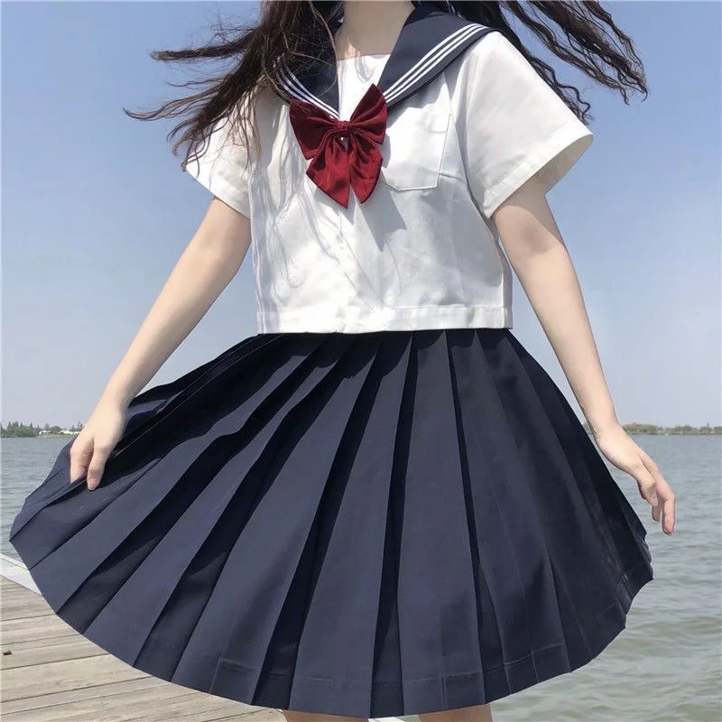 Japanese School Uniform Girl Jk Suit Sexy Spring and Autumn Red Tie White Three Basic Sailor Uniform Women Long Sleeve Suit 4