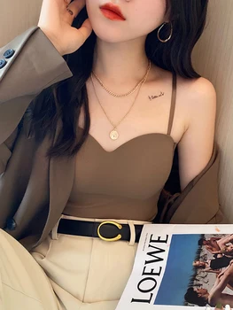 قميص قصير نسائي صيفي أبيض بدون أكمام وأشرطة رفيعة بلون سادة مع أكواب صيفية من الحرير الجليدي بحمالة مريحة 5