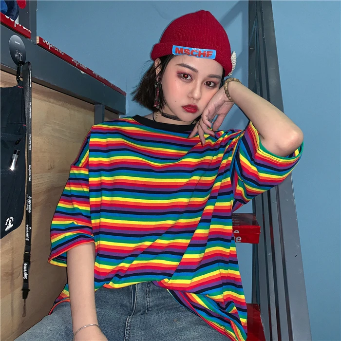 

Make firm offers new spring han edition dress joker lovely rainbow stripes render unlined upper garment of a T-shirt with short