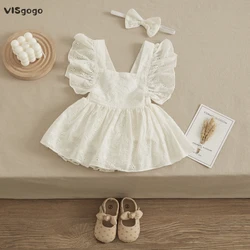 VISgogo Newborn Baby Girl Romper Dress Solid Color Ruffles Sleeve Flower Romper Headband 2Pcs Outfits Summer Clothes Set