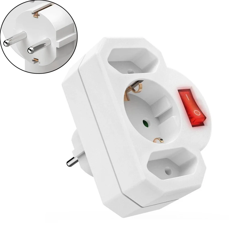 European Schuko Socket Adapter with Switch - 2-Way/3-Way Wall Extension, 16A Type E