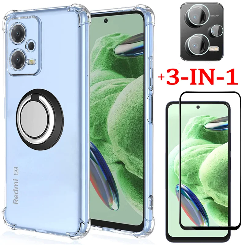 

Finger Ring Holder Case + Glass for Redmi Note12 12Pro+ Shockproof Silicone Phone Cases Note 12 Pro Plus Cover Redmi Note 12 5G