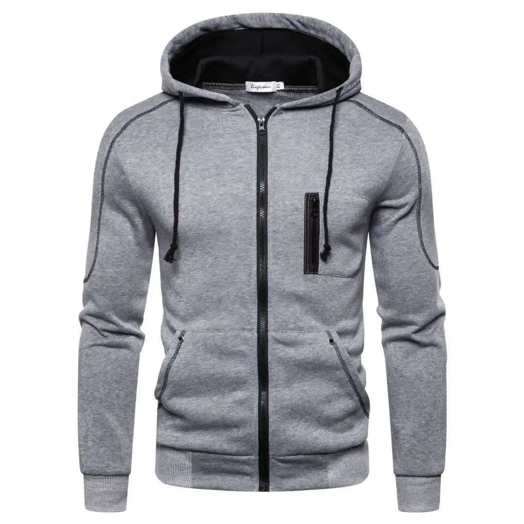 Gris - Sudadera Deportiva Lisa con Capucha y Bolsillos