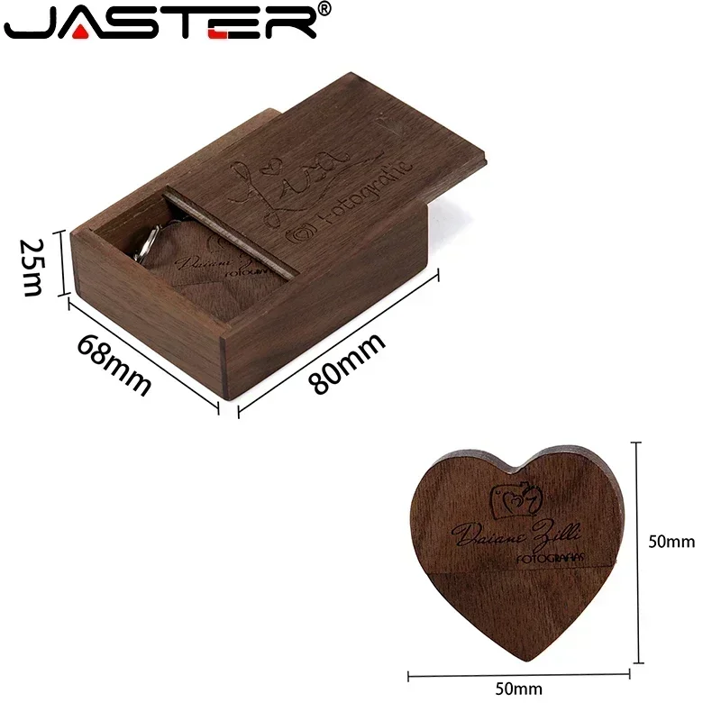 JASTER 펜 드라이브 호두 나무 하트 + 상자 USB 2.0 플래시 드라이브 무료 맞춤형 로고 메모리 스틱 열쇠 고리 결혼 선물 U 디스크 8G