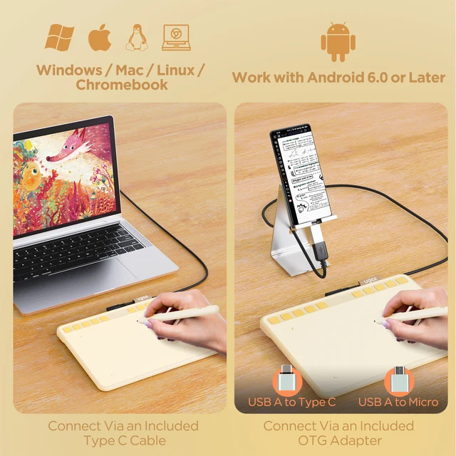 UGEE S640 6 inch Graphics Pen Tablet for PC/Android Digital Drawing Tablet Cream Color with 10 Shortcut key 8192 Levels 266RPS 5