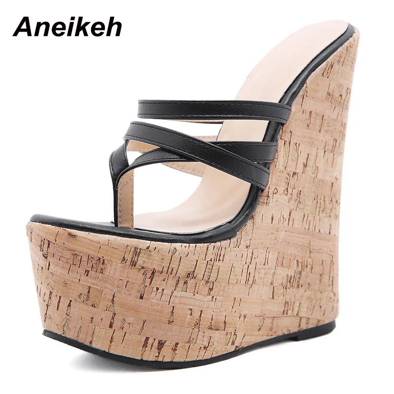 Aneikeh 2025 여름 웨지 플랫폼 하이힐 패션 슬립 온 로마 좁은 밴드 파티 신발, 섹시한 여성 슬리퍼